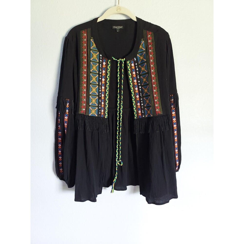 Dor Dor Couture Women's Black With Embroidered Blouse Boho Top Size Large